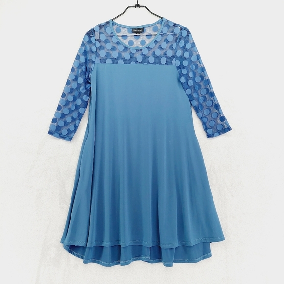 Nina Leonard Illusion High-Low Long Sleeve Crewneck Swing Dress P3537 - Picture 2 of 9